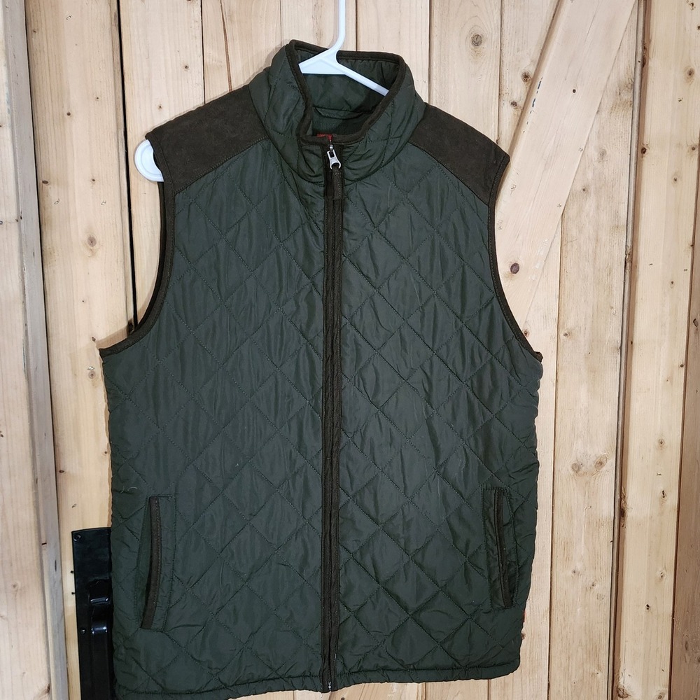 Coleman Mens Quilted Puffer Vest Olive Green Brown Suede Trim Full Zip Medium